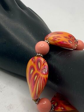 Bright Orange and Pink Resin Beads Stretch Statement Bracelet